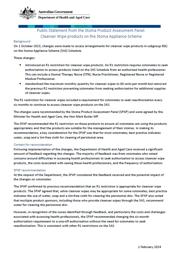 Stoma Product Assessment Panel – Public Statement – Cleanser Wipes cover page