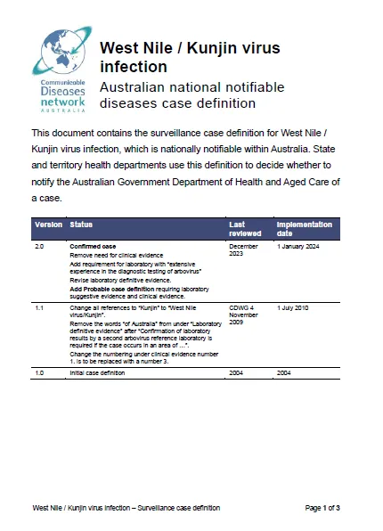 West Nile / Kunjin virus infection – Surveillance case definition cover page