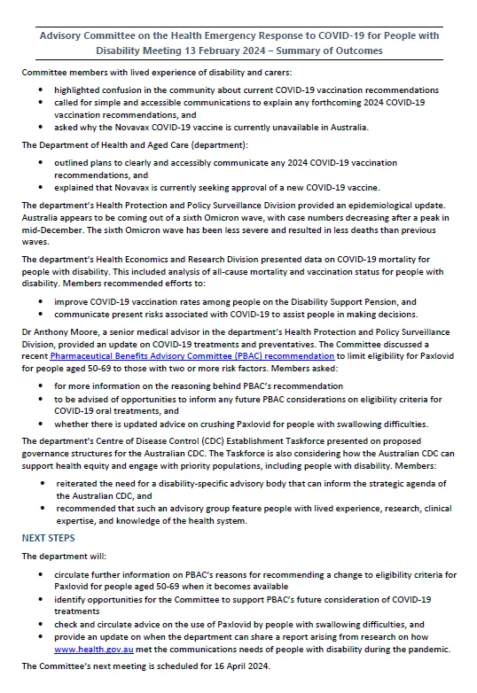 Committee for the COVID-19 Response for People with Disability – Summary of outcomes 13 February 2024