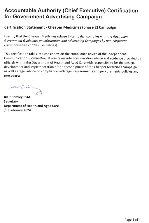 Cover page Certification Statement – Cheaper Medicines (phase 2) campaign