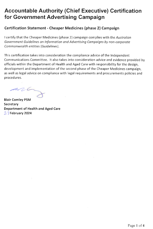 Cover page Certification Statement – Cheaper Medicines (phase 2) campaign