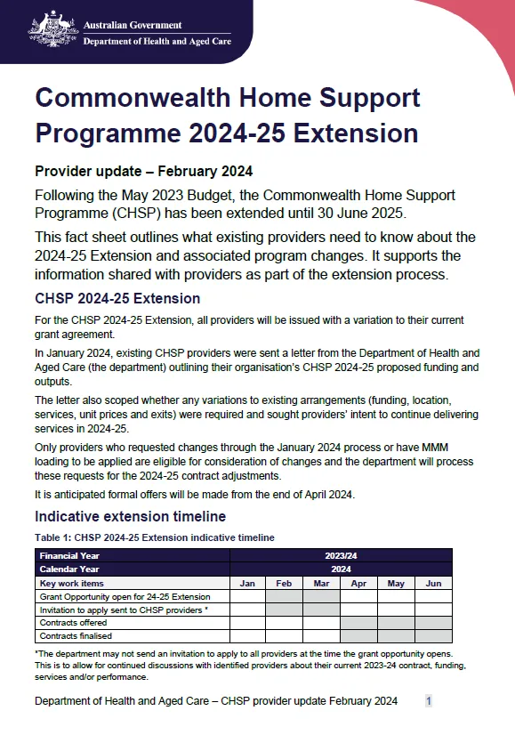 Cover image for Commonwealth Home Support Programme (CHSP) 2024–25 extension – Provider update