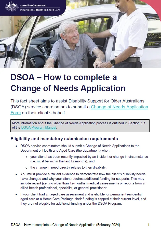 Disability Support for Older Australians Program – How to complete a change of needs application