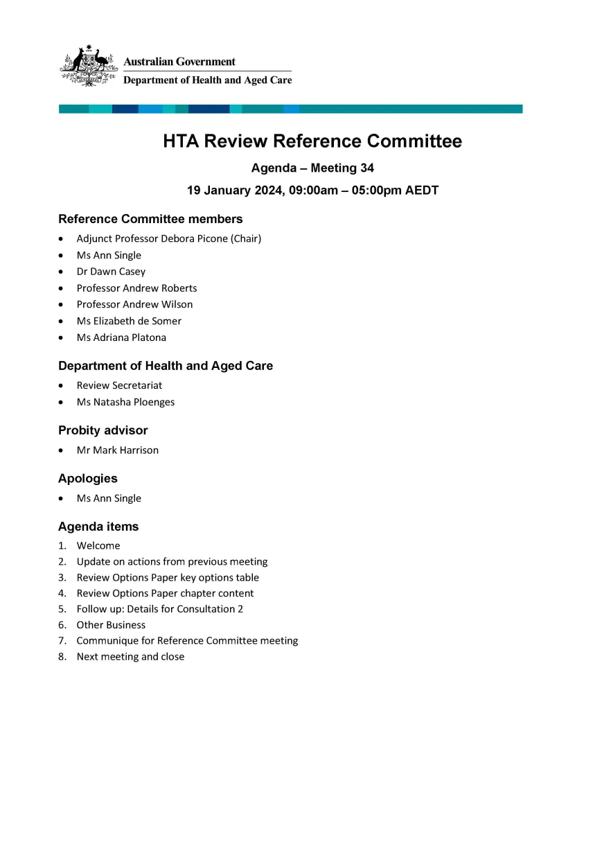 Health Technology Assessment Policy and Methods Review – Reference committee meeting agenda – 19 January 2024