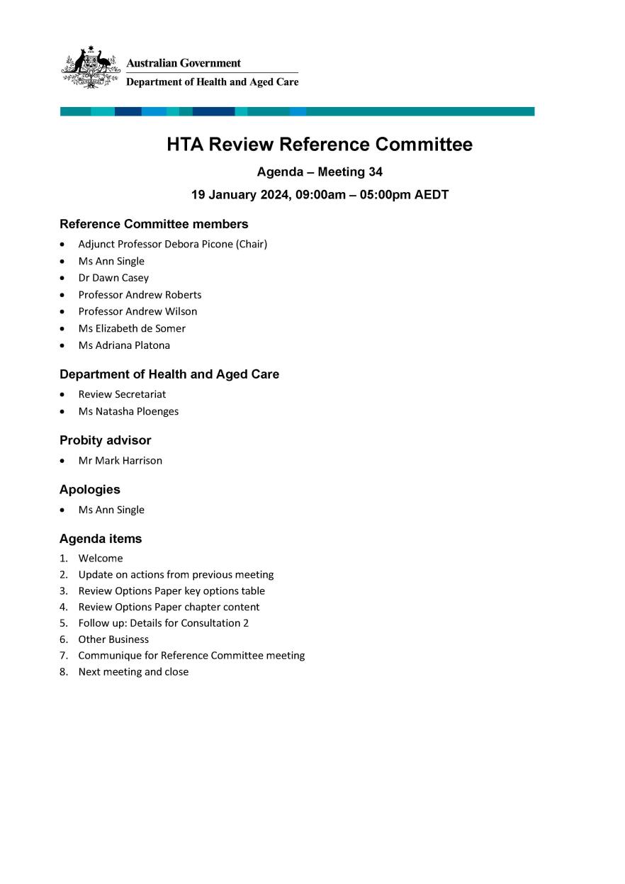 Health Technology Assessment Policy and Methods Review – Reference committee meeting agenda – 19 January 2024