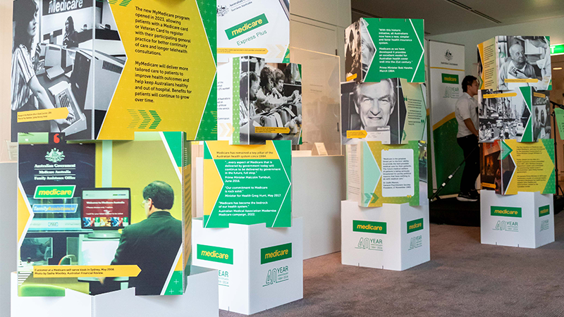 ’40 years of Medicare’ pop-up display at Australian Parliament House, February 2024.