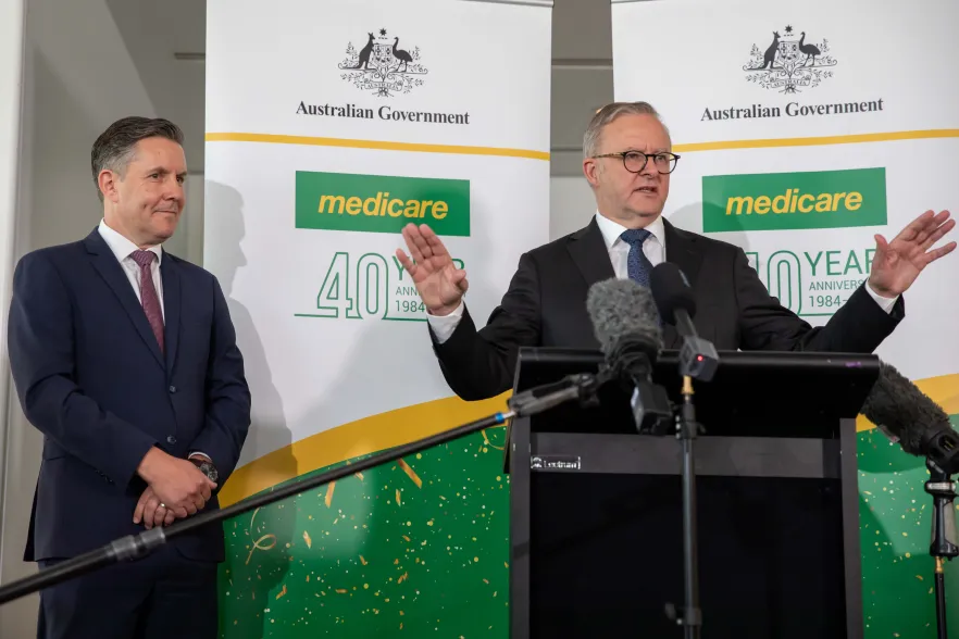 Minister for Health Mark Butler and Prime Minister Anthony Albanese celebrating 40 Years of Medicare at Australian Parliament House in Canberra, February 2024