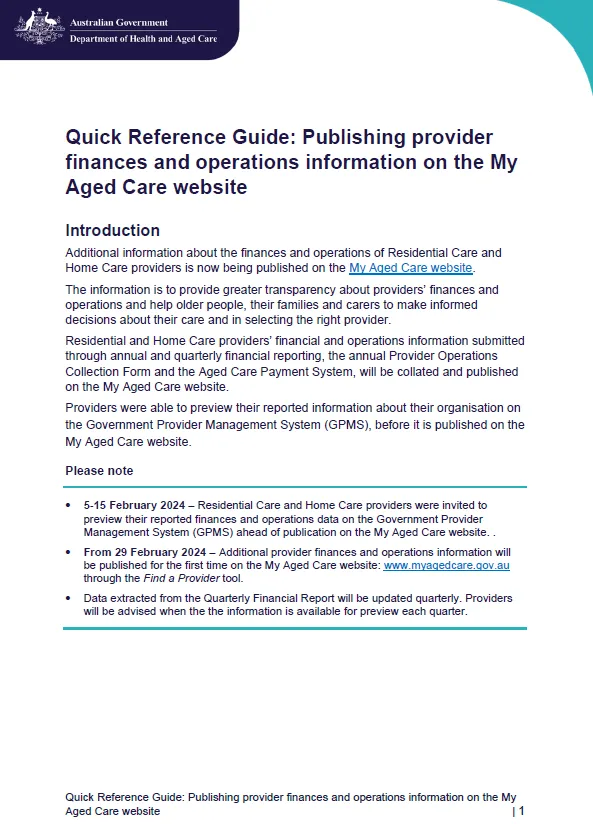 Cover page for the Publishing provider finance and operations information on the My Aged Care website – Quick Reference Guide