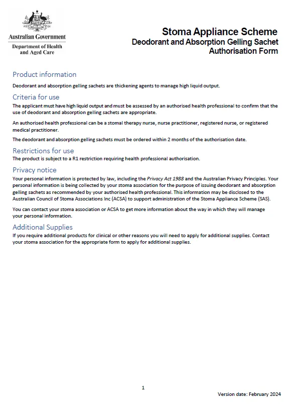 Stoma Appliance Scheme – Deodorant and absorption gelling sachets authorisation form