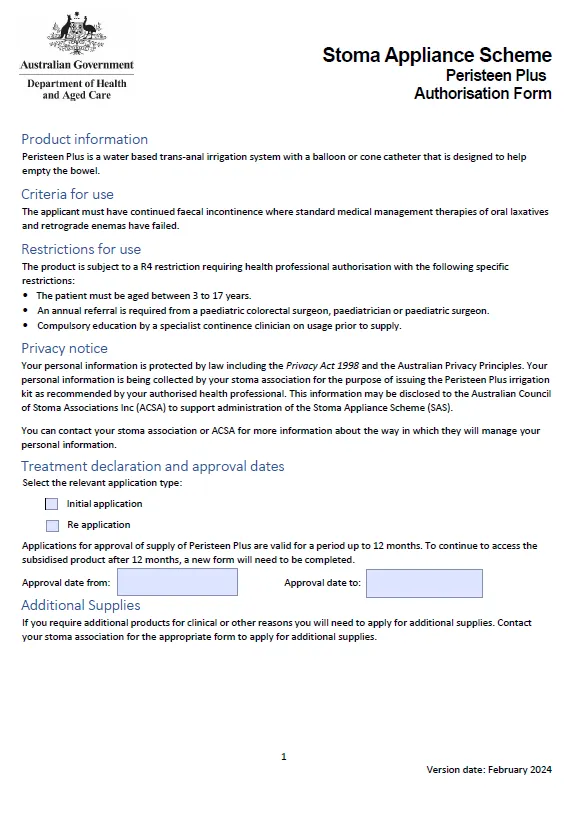Stoma Appliance Scheme – Peristeen Plus authorisation form