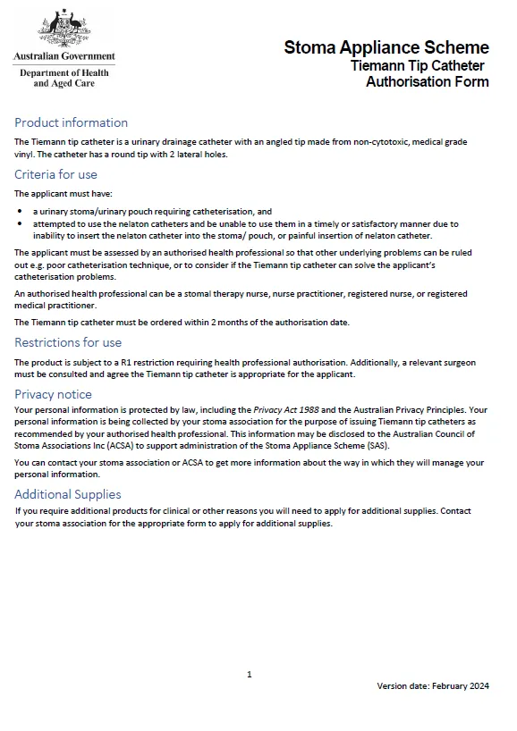 Stoma Appliance Scheme – Tiemann tip catheter authorisation form