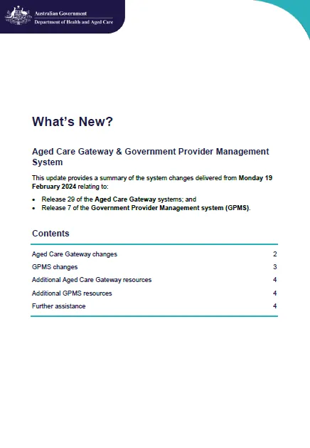 Cover page for the Summary of Aged Care Gateway and Government Provider Management System (GPMS) changes – February 2024