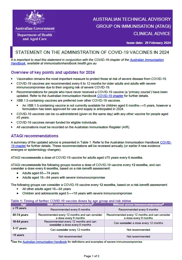 ATAGI statement on the administration of COVID-19 vaccines in 2024