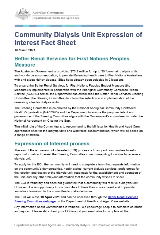 Community Dialysis Unit Expression of Interest – fact sheet and FAQs