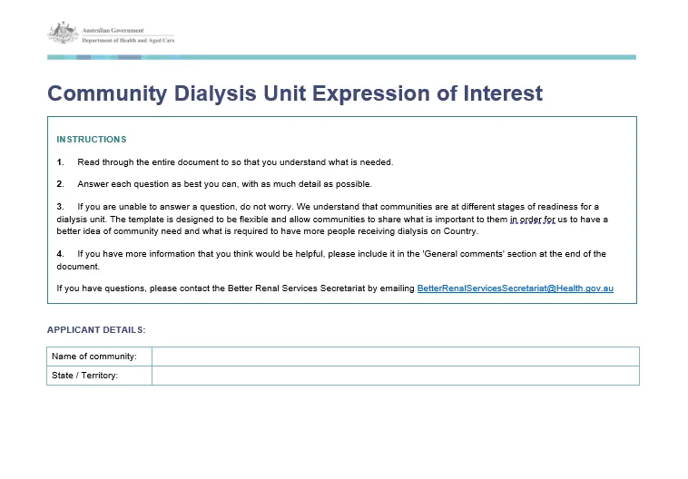 Expression of Interest form – Community Dialysis Unit