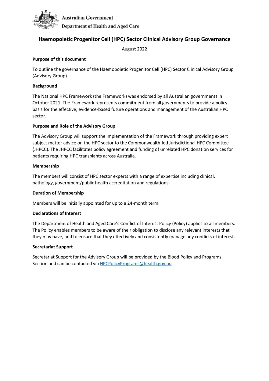Haemopoietic Progenitor Cell (HPC) Sector Clinical Advisory Group Governance