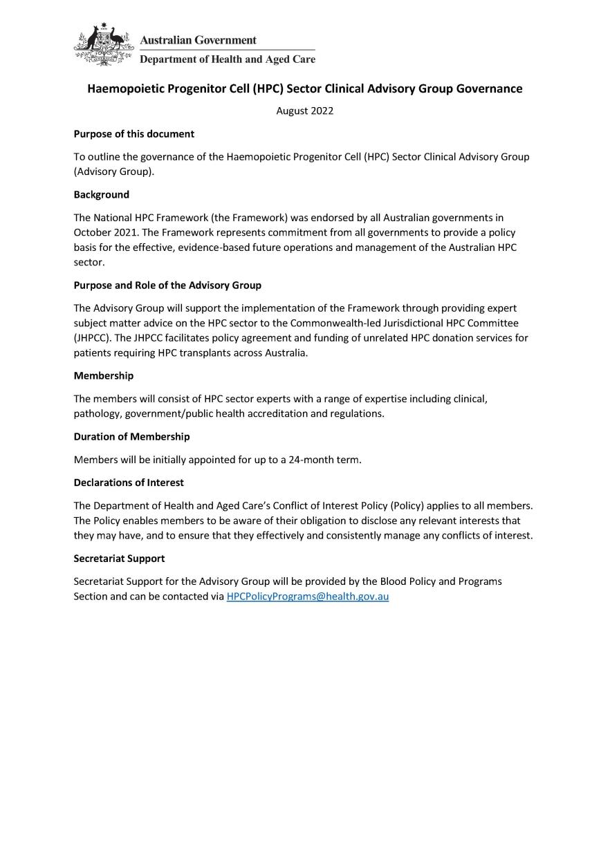 Haemopoietic Progenitor Cell (HPC) Sector Clinical Advisory Group Governance