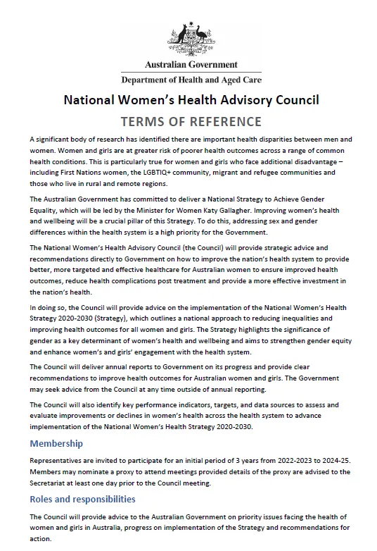 Cover page for the National Women’s Health Advisory Council – Terms of reference