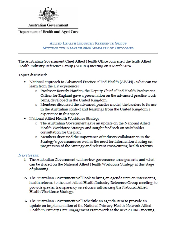 Allied Health Industry Reference Group – Summary of outcomes – 5 March 2024