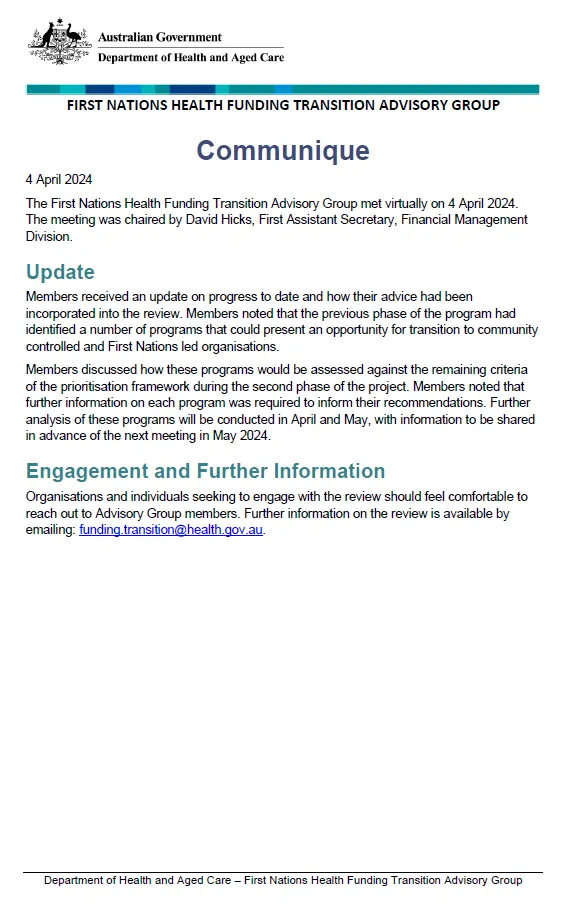 First Nations Health Funding Transition Advisory Group communique