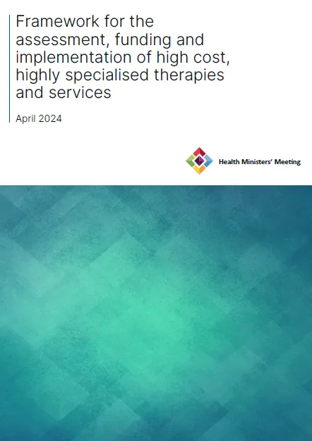 Cover page for the Framework for the assessment, funding and implementation of high cost, highly specialised therapies and services