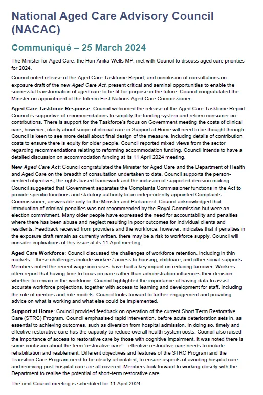 National Aged Care Advisory Council communiqué – 25 March 2024
