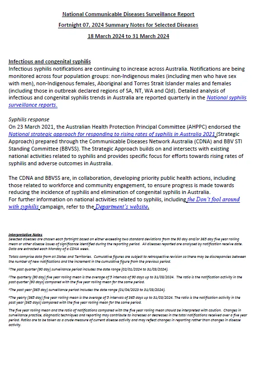 Cover page National Notifiable Diseases Surveillance System (NNDSS) fortnightly reports – 18 March 2024 to 31 March 2024