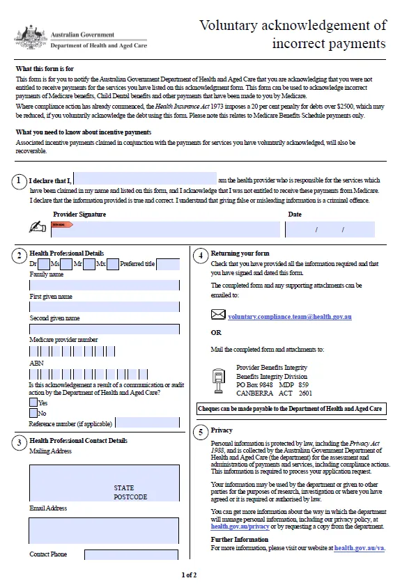 Page 1 of the Voluntary acknowledgement of incorrect payments for Medicare