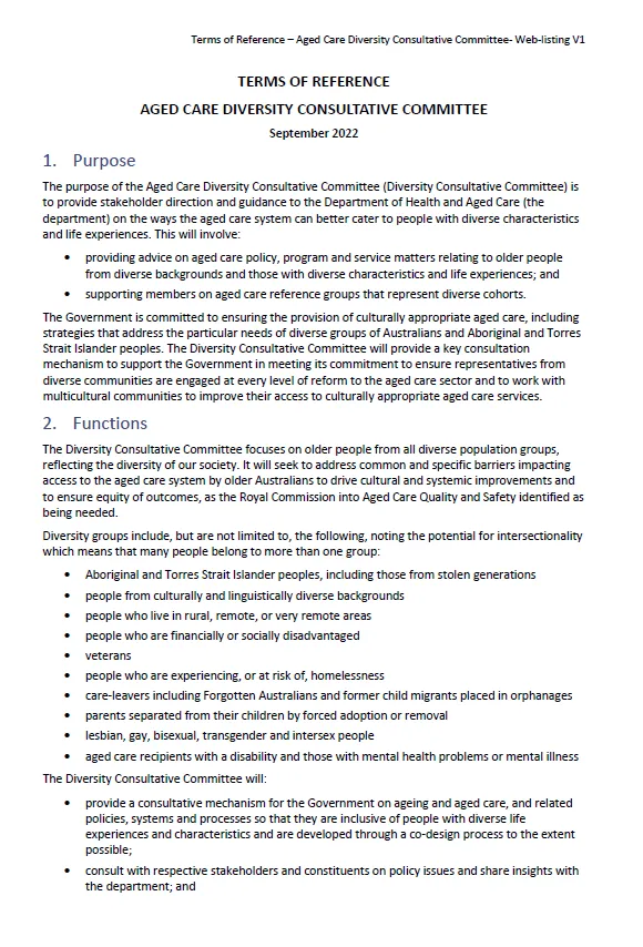 Screen capture of page 1 Aged Care Diversity Consultative Committee terms of reference