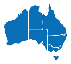 Outline of Australian in blue, showing state and territory boundaries