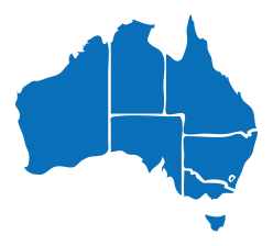 Outline of Australian in blue, showing state and territory boundaries