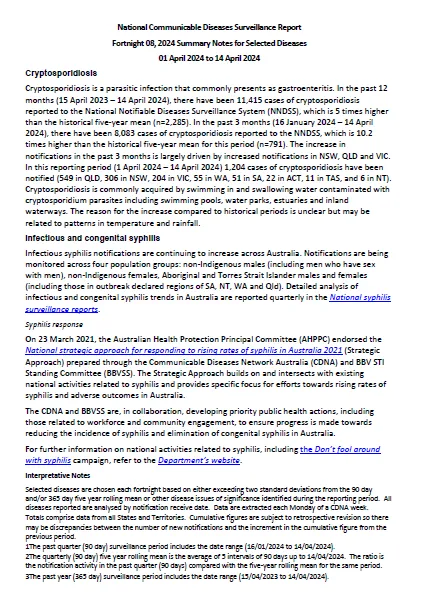Cover page for the fortnight #8 NNDSS reports – 01 April 2024 to 14 April 2024