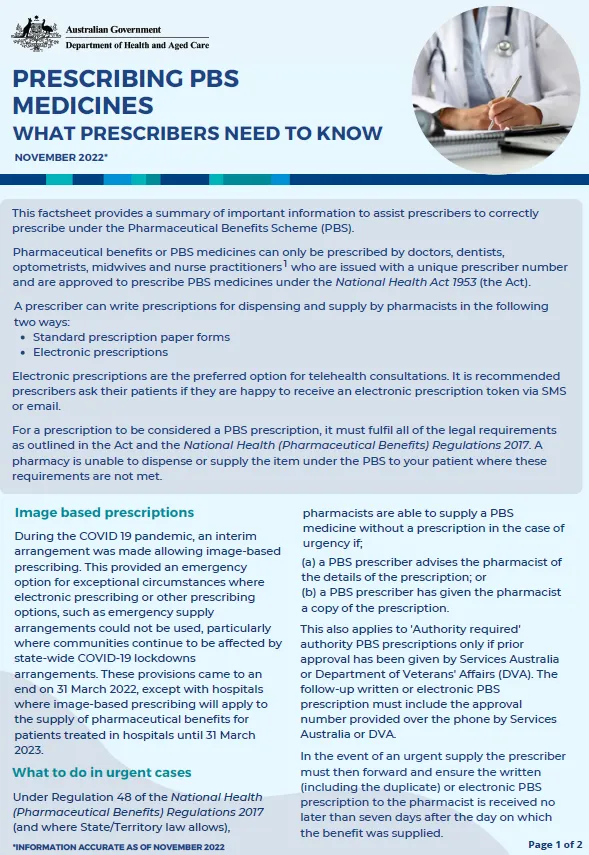 Cover page for the Prescribing Pharmaceutical Benefits Scheme medicines – what prescribers need to know