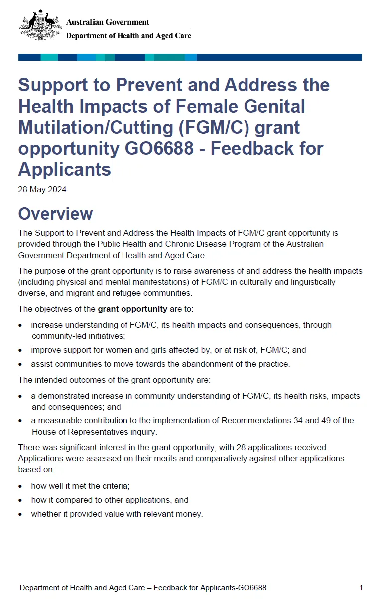 Support to Prevent and Address the Health Impacts of Female Genital Mutilation/Cutting (FGM/C) grant opportunity GO6688 - Feedback for Applicants