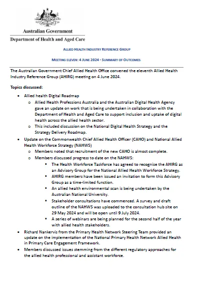 Allied Health Industry Reference Group – Summary of outcomes (Meeting 11)