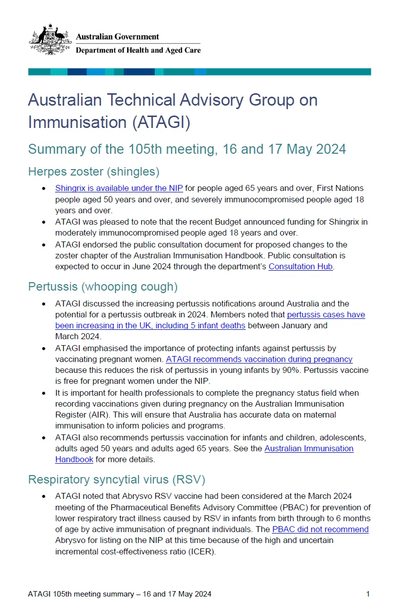 Cover page for the ATAGI 105th meeting bulletin – 16 & 17 May 2024