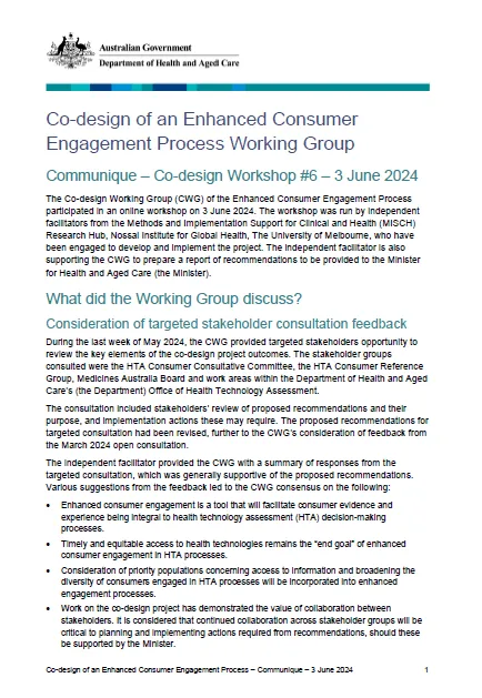 Cover page for the Co-design Working Group communique – 3 June 2024