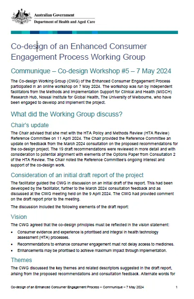Co-design of an Enhanced Consumer Engagement Process – Co-design Working Group communique – 5-7 May 2024