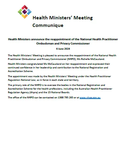Screen capture of the Health Ministers Meeting (HMM) Communique – Reappointment of NHPO – June 2024