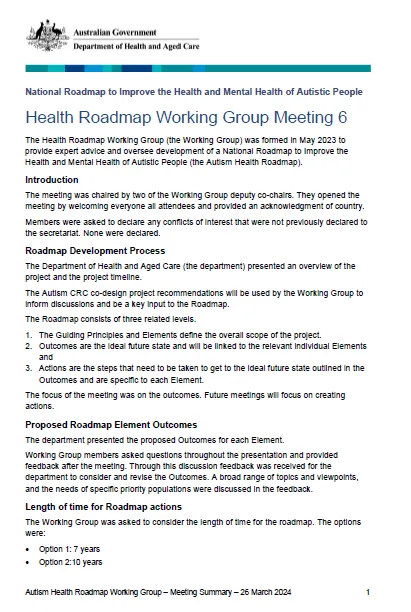 Health roadmap working group – Summary meeting 6