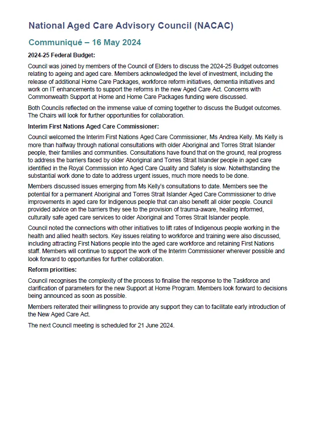 National Aged Care Advisory Council communique – 16 May 2024