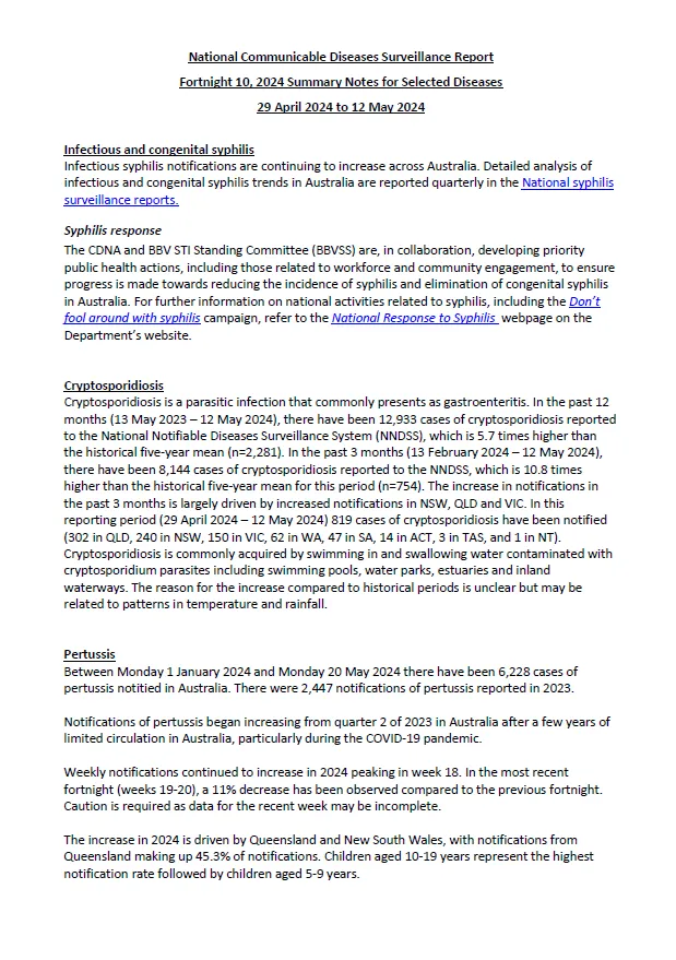 National Notifiable Diseases Surveillance System (NNDSS) fortnightly reports – 29 April to 12 May 2024