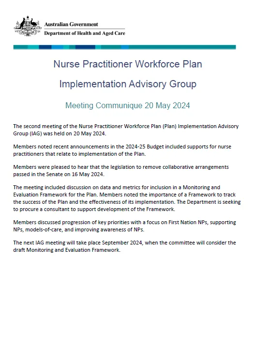 Screen capture of the NPWP Implementation Advisory Group communique