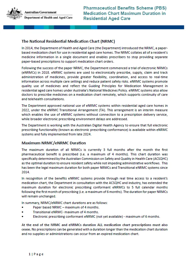 Pharmaceutical Benefits Scheme (PBS) medication chart maximum duration in residential aged care – fact sheet and frequently asked questions