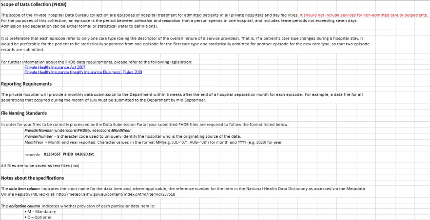 PHDB data specification – Hospital to department – 2024–25
