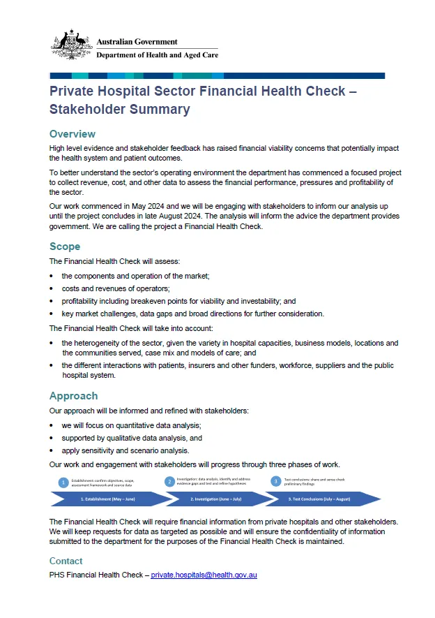 Private Hospital Sector Financial Health Check – Stakeholder summary cover