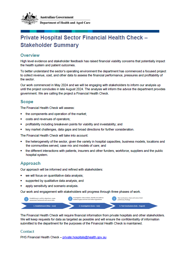 Private Hospital Sector Financial Health Check – Stakeholder summary cover