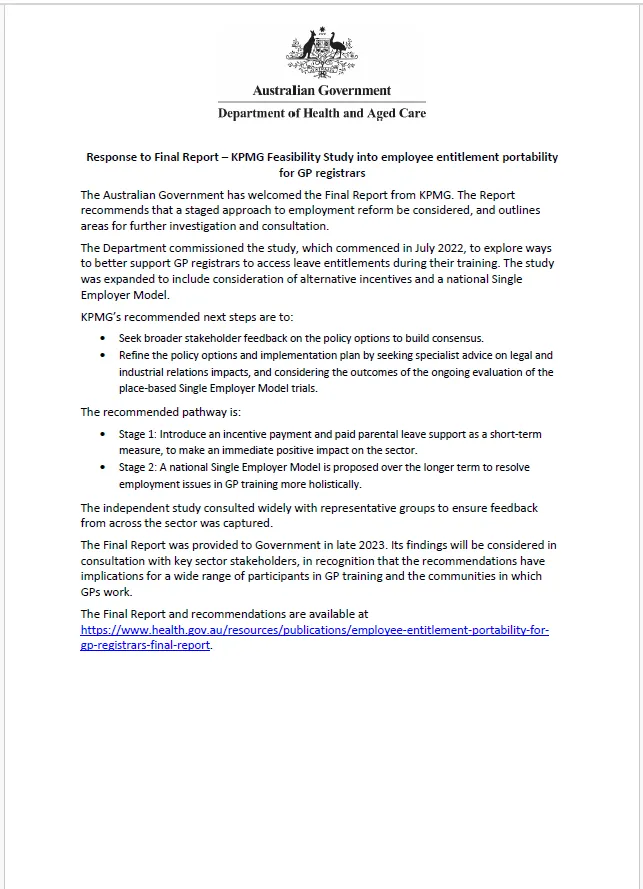 Response to final report – KPMG feasibility study into employee entitlement portability for GP registrars