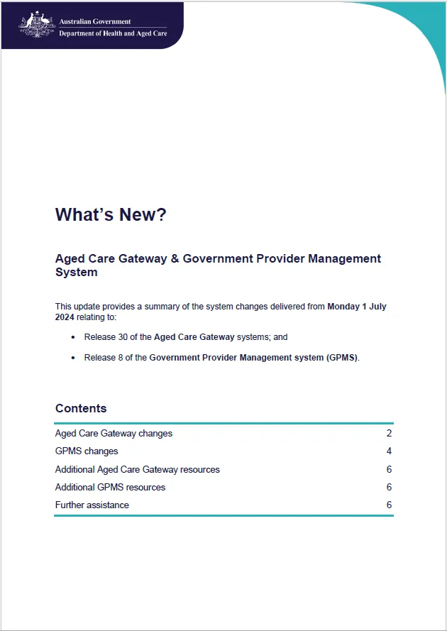 Summary of Aged Care Gateway and Government Provider Management System (GPMS) changes – July 2024