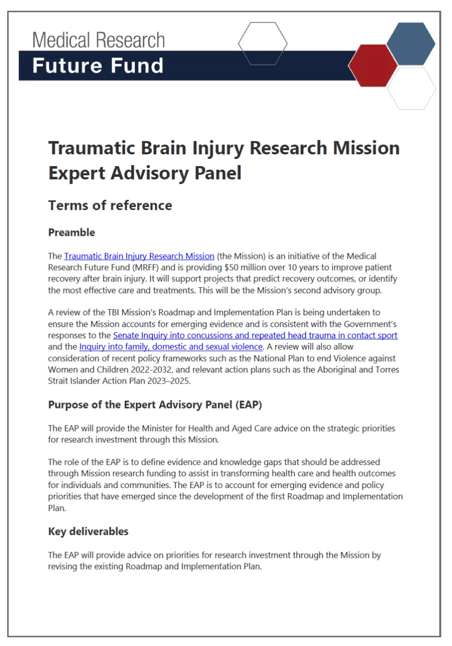 Cover page of the Traumatic Brain Injury Research Mission Expert Advisory Panel